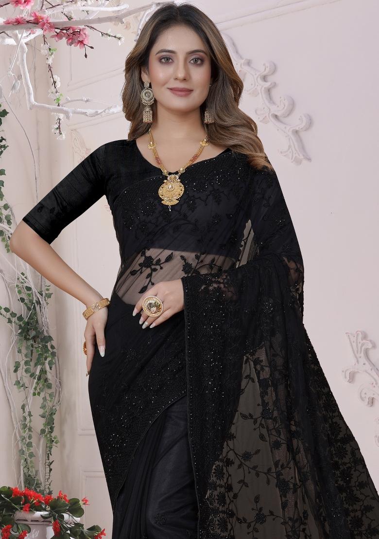 Black Embroidered Net Saree Set - Indya