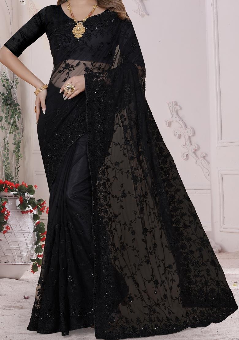 Black Embroidered Net Saree Set - Indya