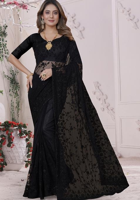 Black Embroidered Net Saree Set