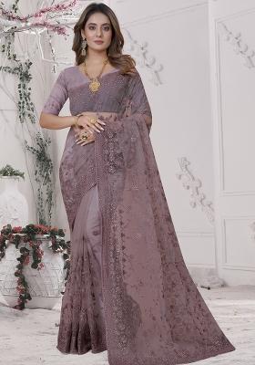 Lavender Embroidered Net Saree Set
