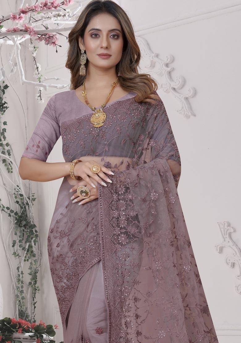 Lavender Embroidered Net Saree Set - Indya