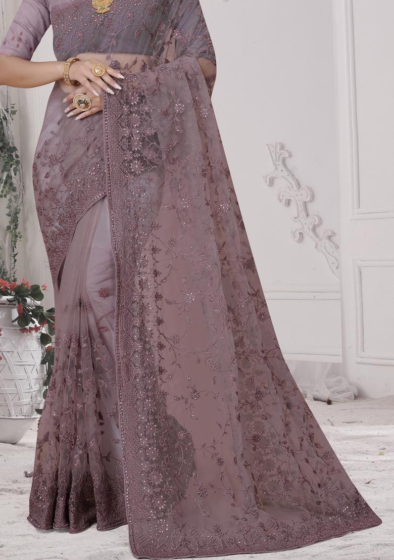 Lavender Embroidered Net Saree Set - Indya