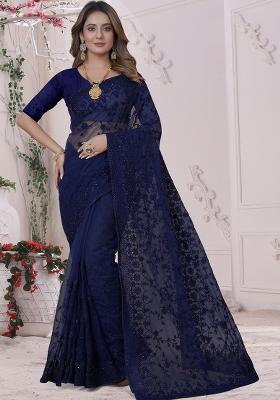 Navy Blue Embroidered Net Saree Set