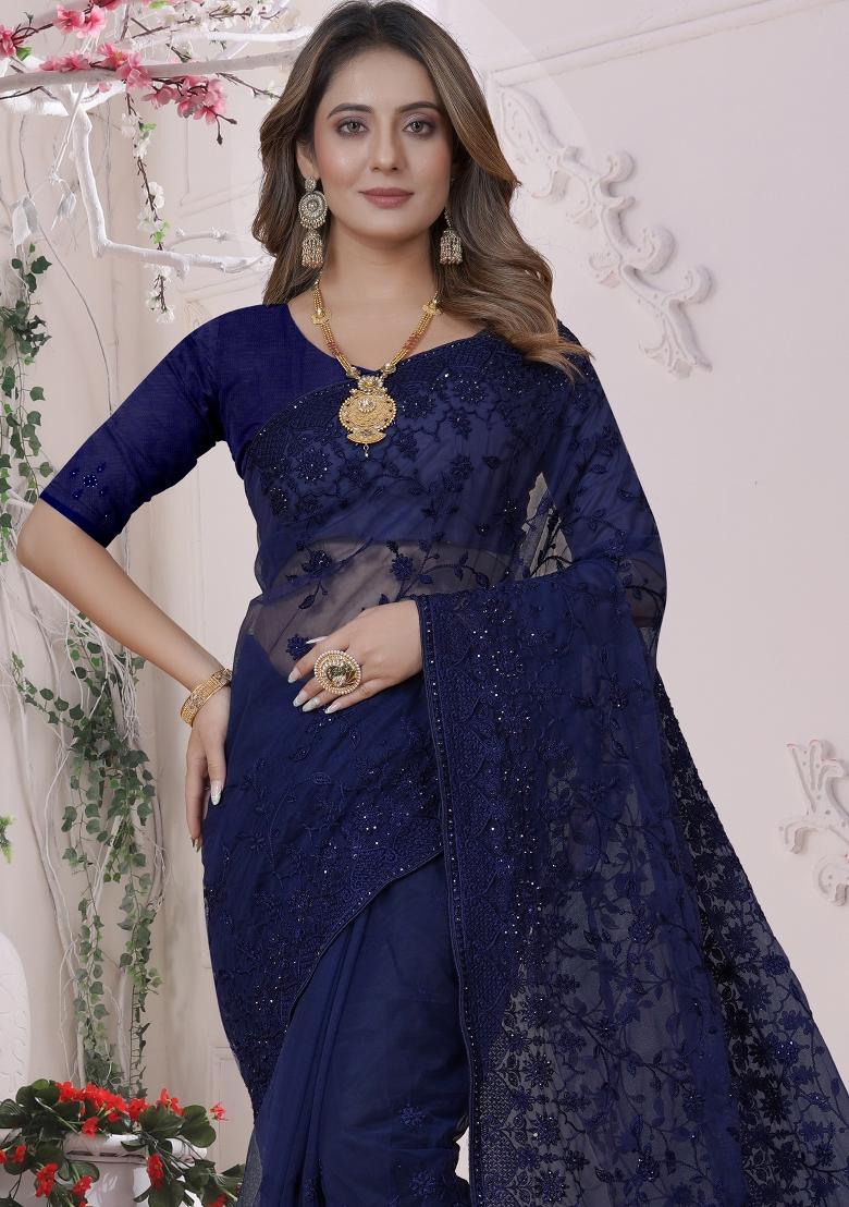 Navy Blue Embroidered Net Saree Set - Indya