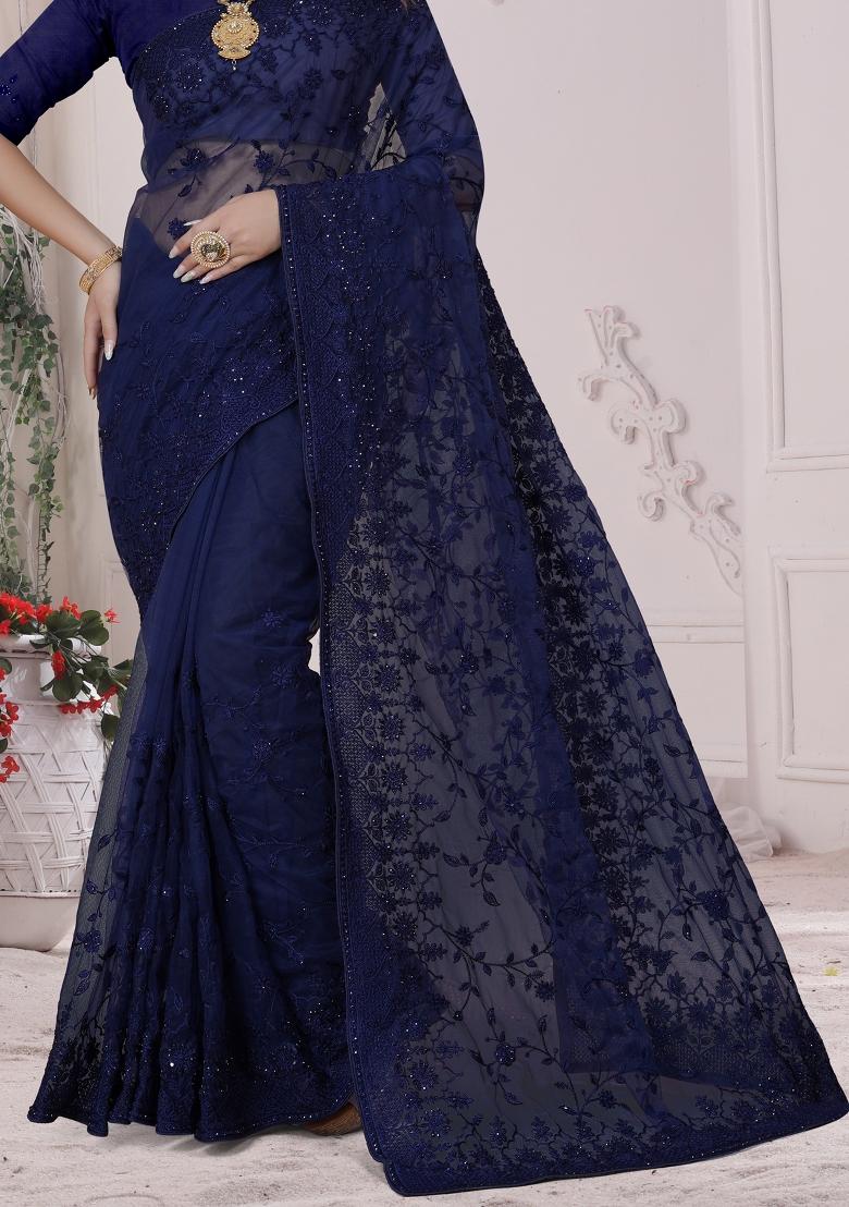 Navy Blue Embroidered Net Saree Set - Indya