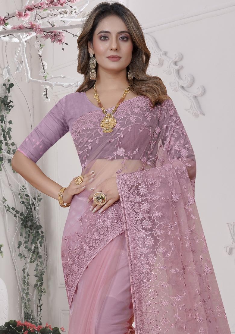 Pink Embroidered Net Saree Set - Indya