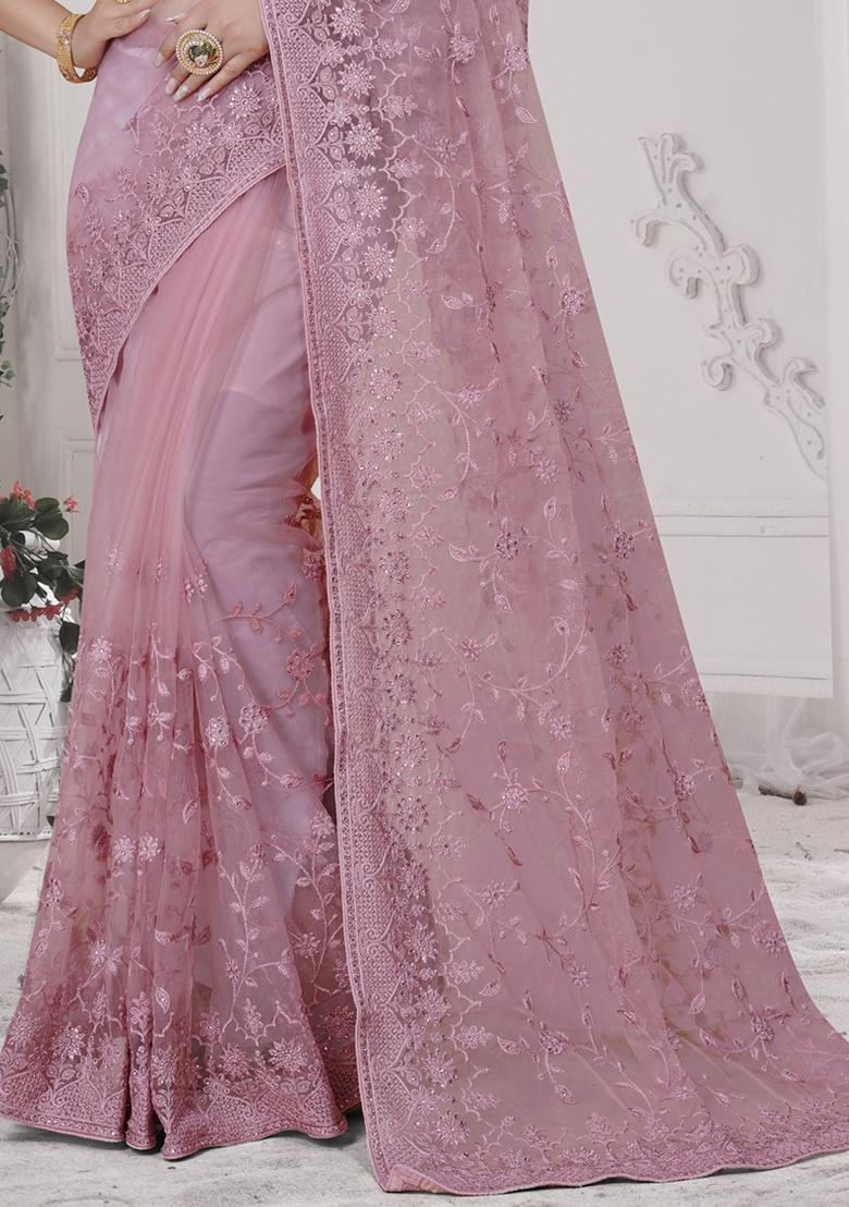Pink Embroidered Net Saree Set - Indya