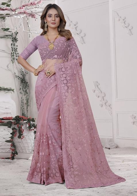 Pink Embroidered Net Saree Set