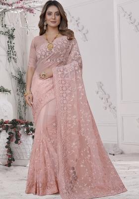 Peach Embroidered Net Saree Set