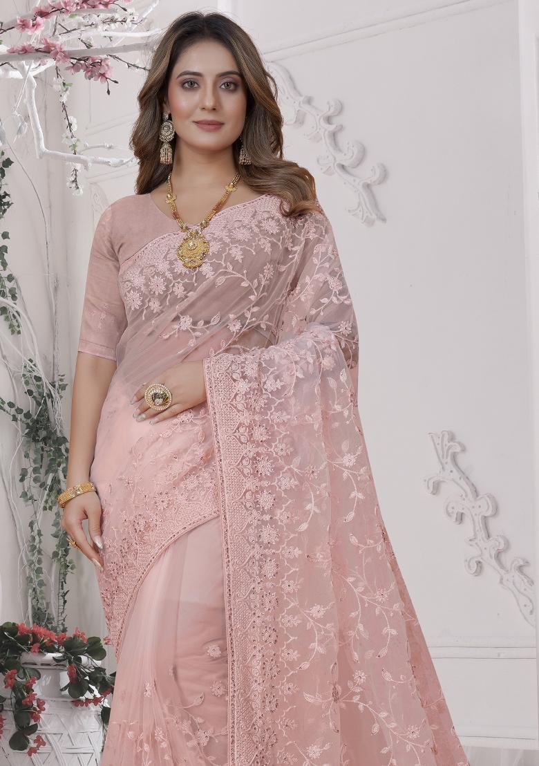 Peach Embroidered Net Saree Set - Indya