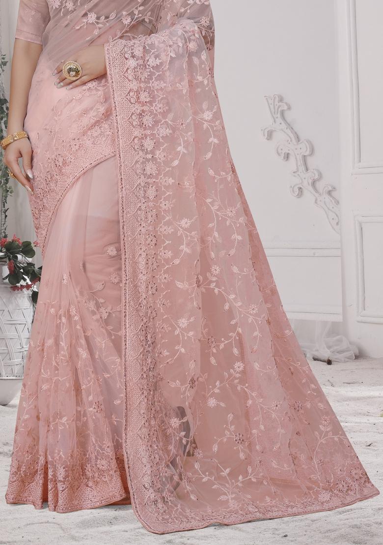 Peach Embroidered Net Saree Set - Indya