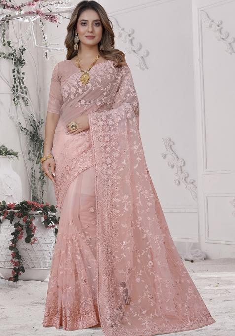 Peach Embroidered Net Saree Set