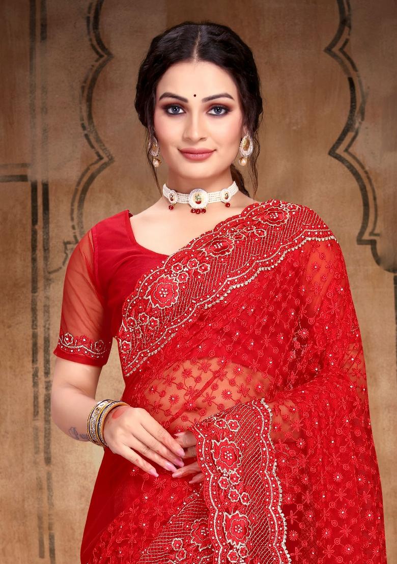 Red Embroidered Net Saree Set - Indya