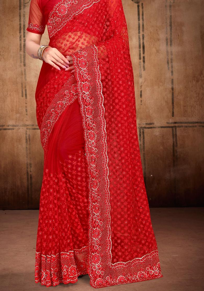 Red Embroidered Net Saree Set - Indya