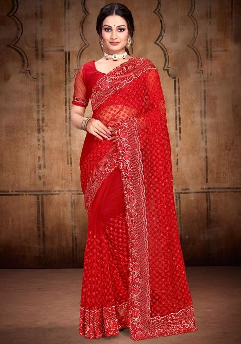 Red Embroidered Net Saree Set