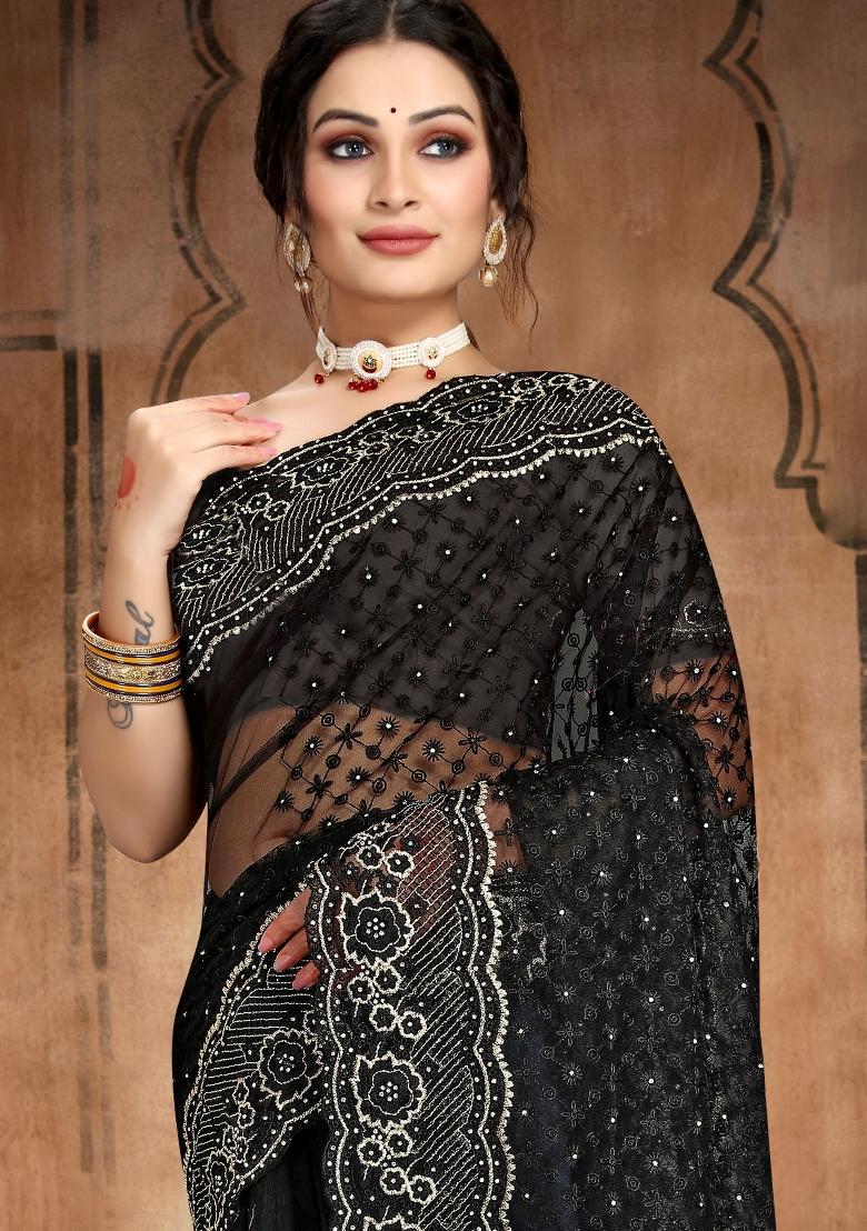 Black Embroidered Net Saree Set - Indya