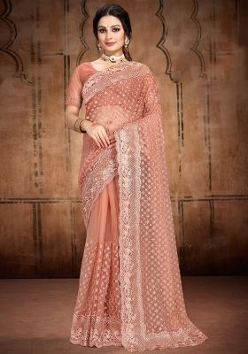 Rust Embroidered Net Saree Set