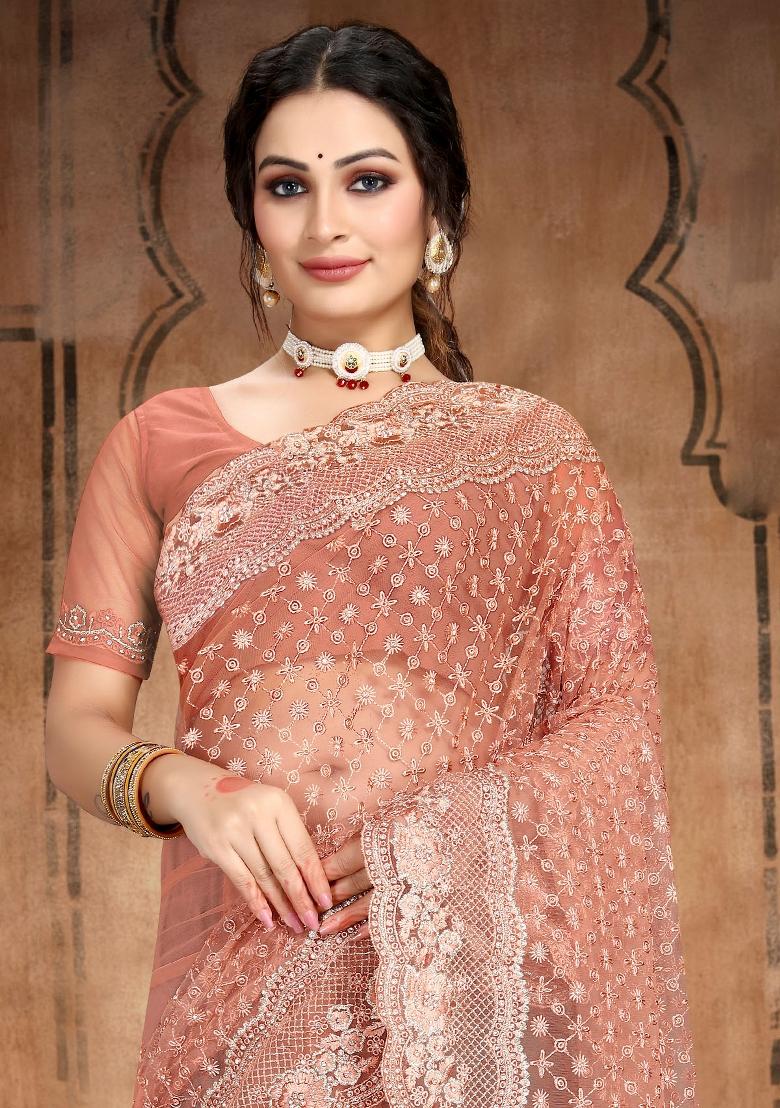 Rust Embroidered Net Saree Set - Indya