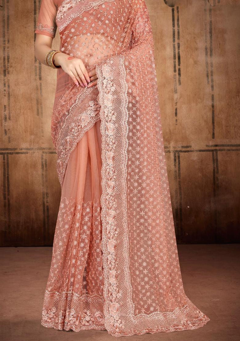 Rust Embroidered Net Saree Set - Indya