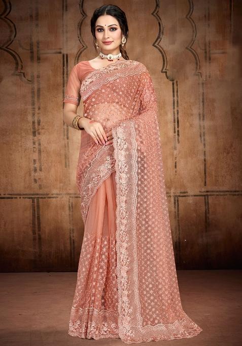 Rust Embroidered Net Saree Set