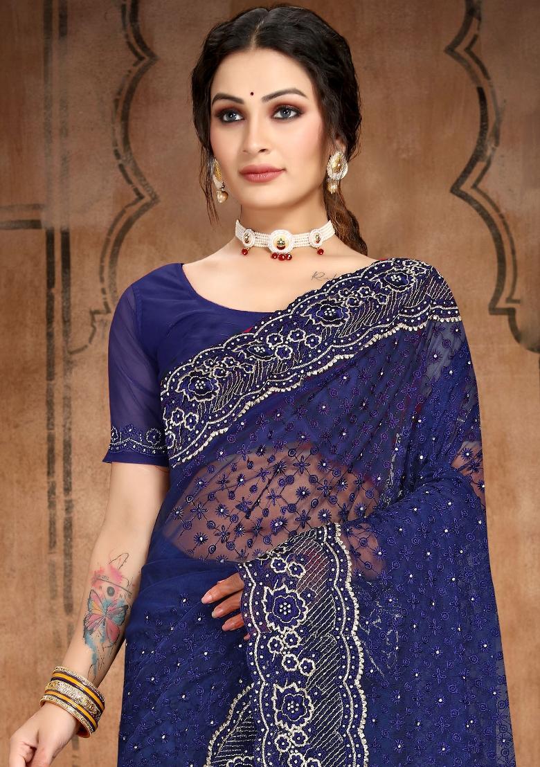 Navy Blue Embroidered Net Saree Set - Indya