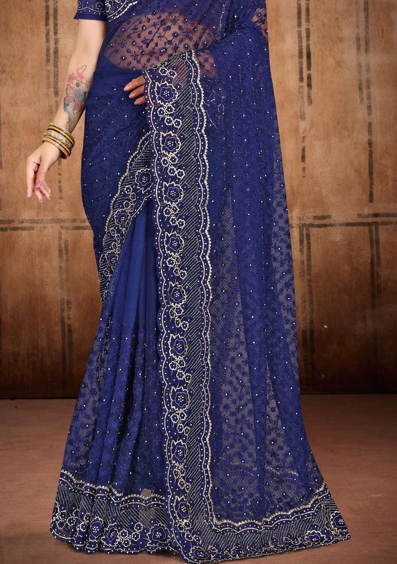 Navy Blue Embroidered Net Saree Set - Indya