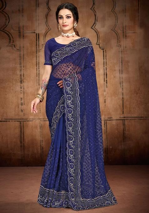 Navy Blue Embroidered Net Saree Set