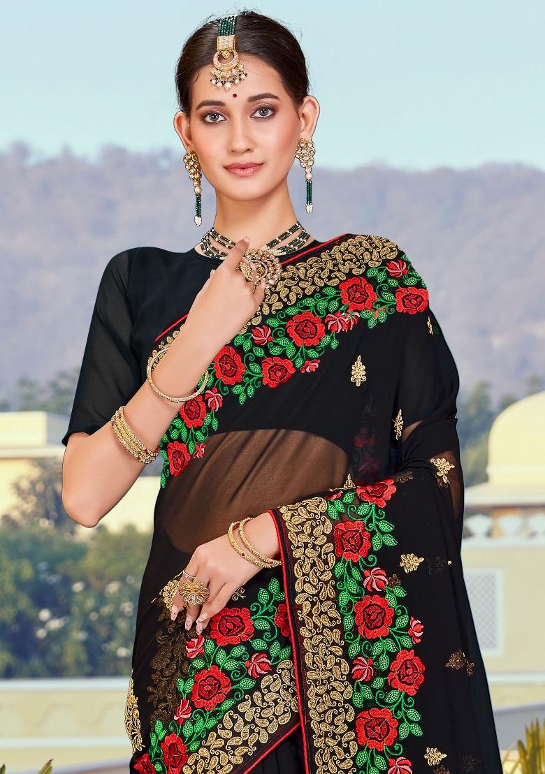 Black Embroidered Georgette Saree Set - Indya