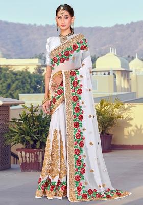 White Embroidered Georgette Saree Set