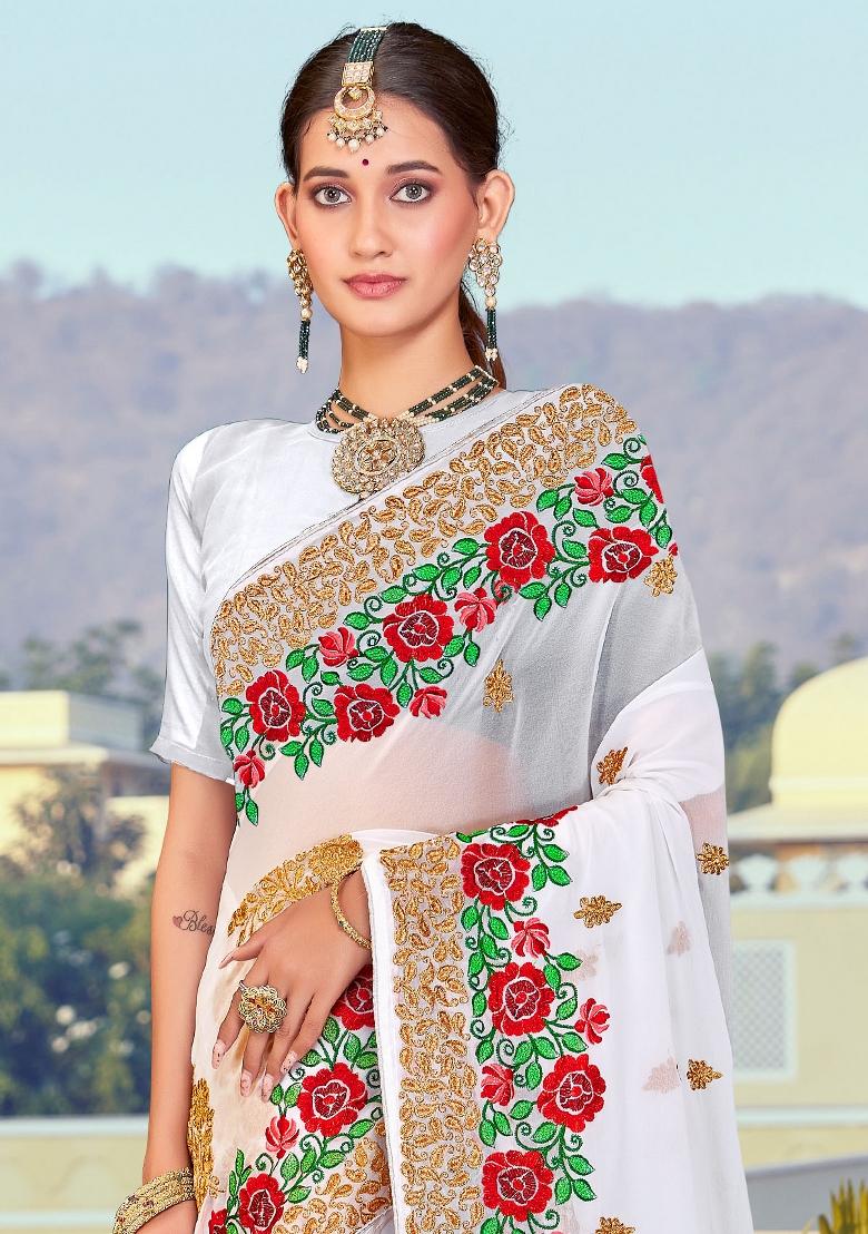 White Embroidered Georgette Saree Set - Indya