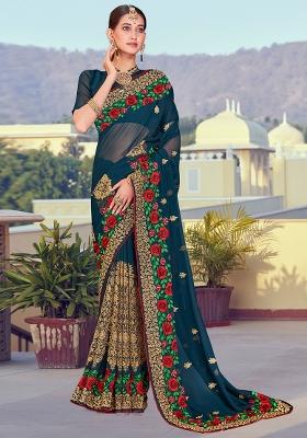 Teal Blue Embroidered Georgette Saree Set