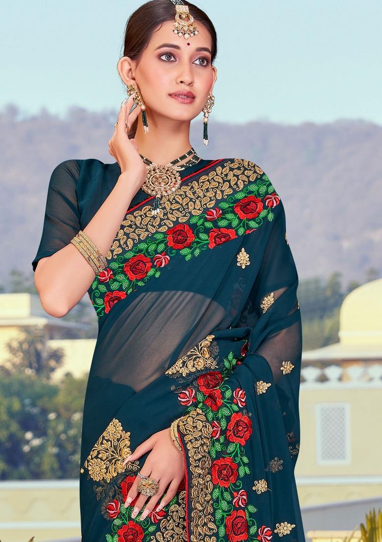 Teal Blue Embroidered Georgette Saree Set - Indya