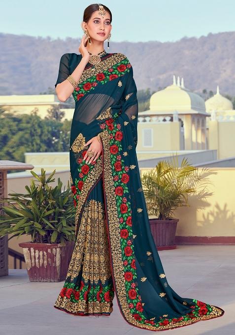 Teal Blue Embroidered Georgette Saree Set