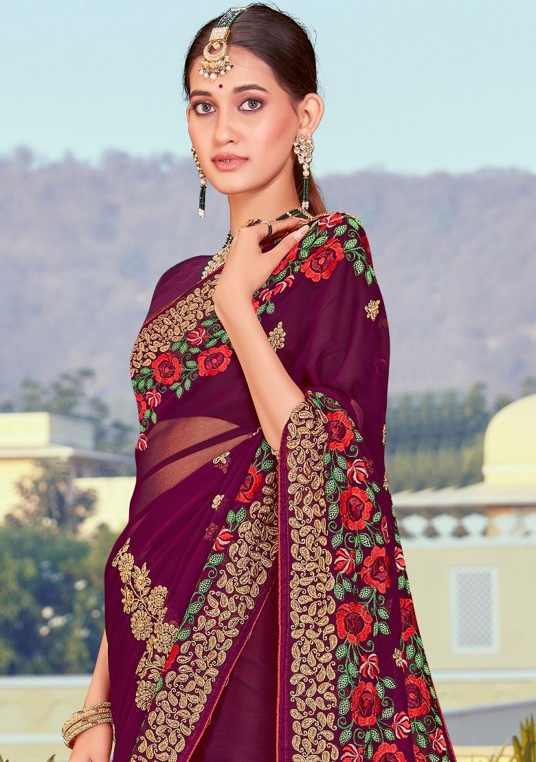 Wine Embroidered Georgette Saree Set - Indya