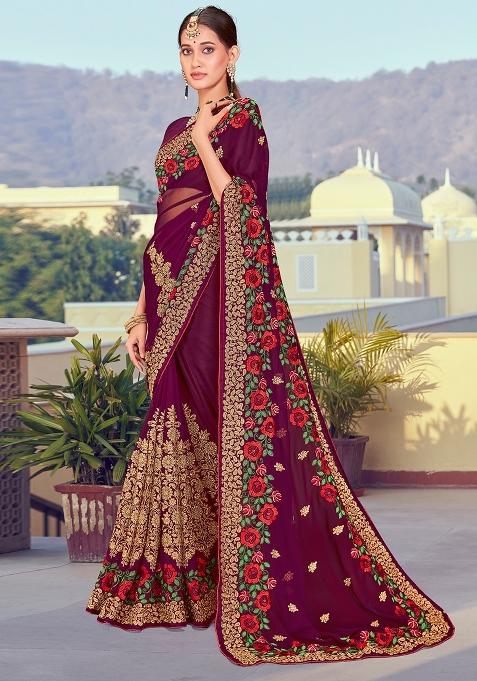 Wine Embroidered Georgette Saree Set