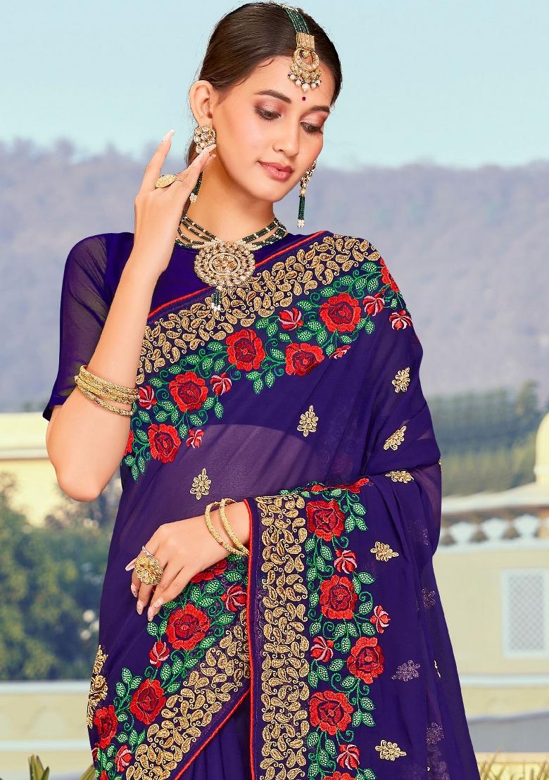 Navy Blue Embroidered Georgette Saree Set - Indya
