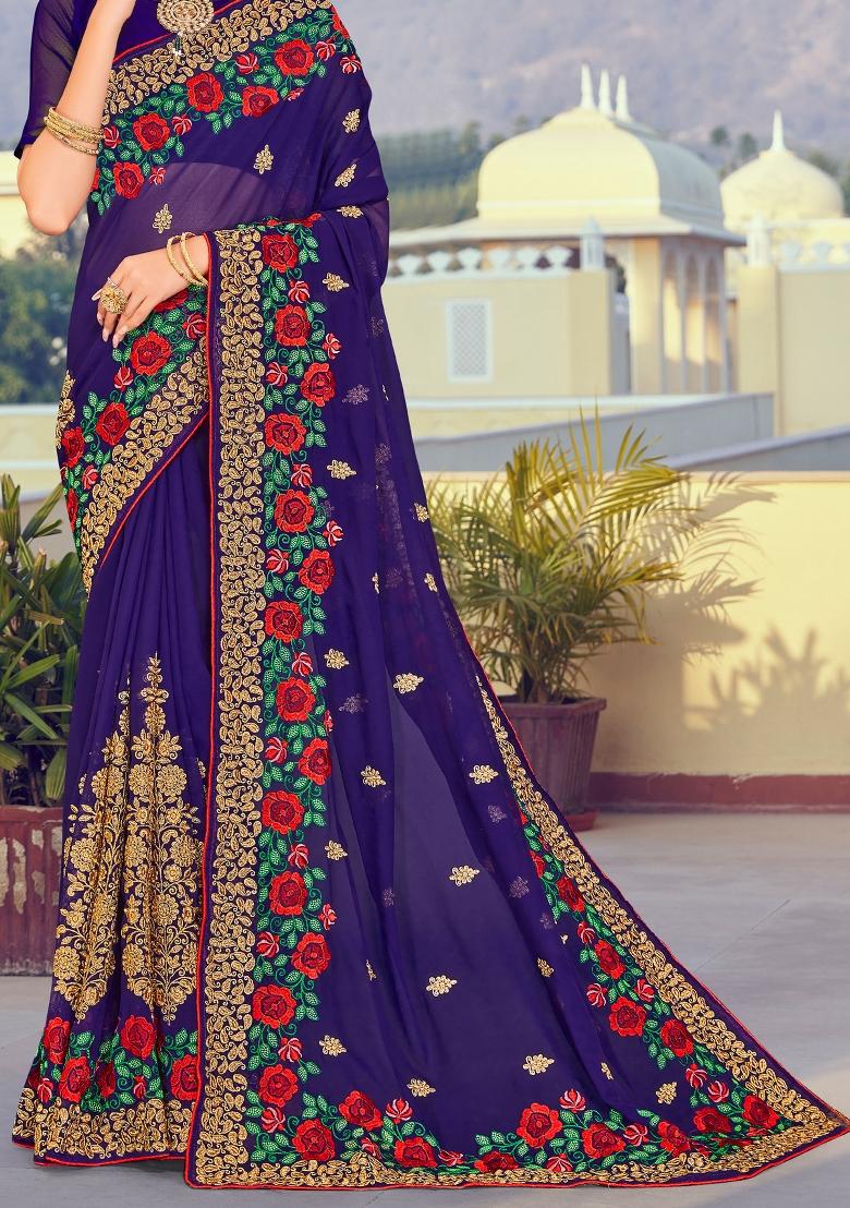 Navy Blue Embroidered Georgette Saree Set - Indya