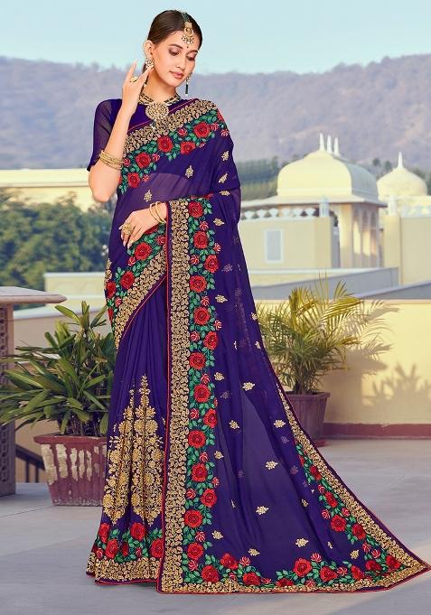Navy Blue Embroidered Georgette Saree Set