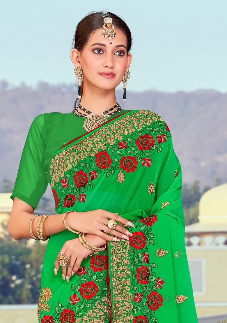 Green Embroidered Georgette Saree Set - Indya