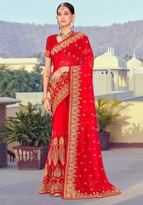 Red Embroidered Georgette Saree Set