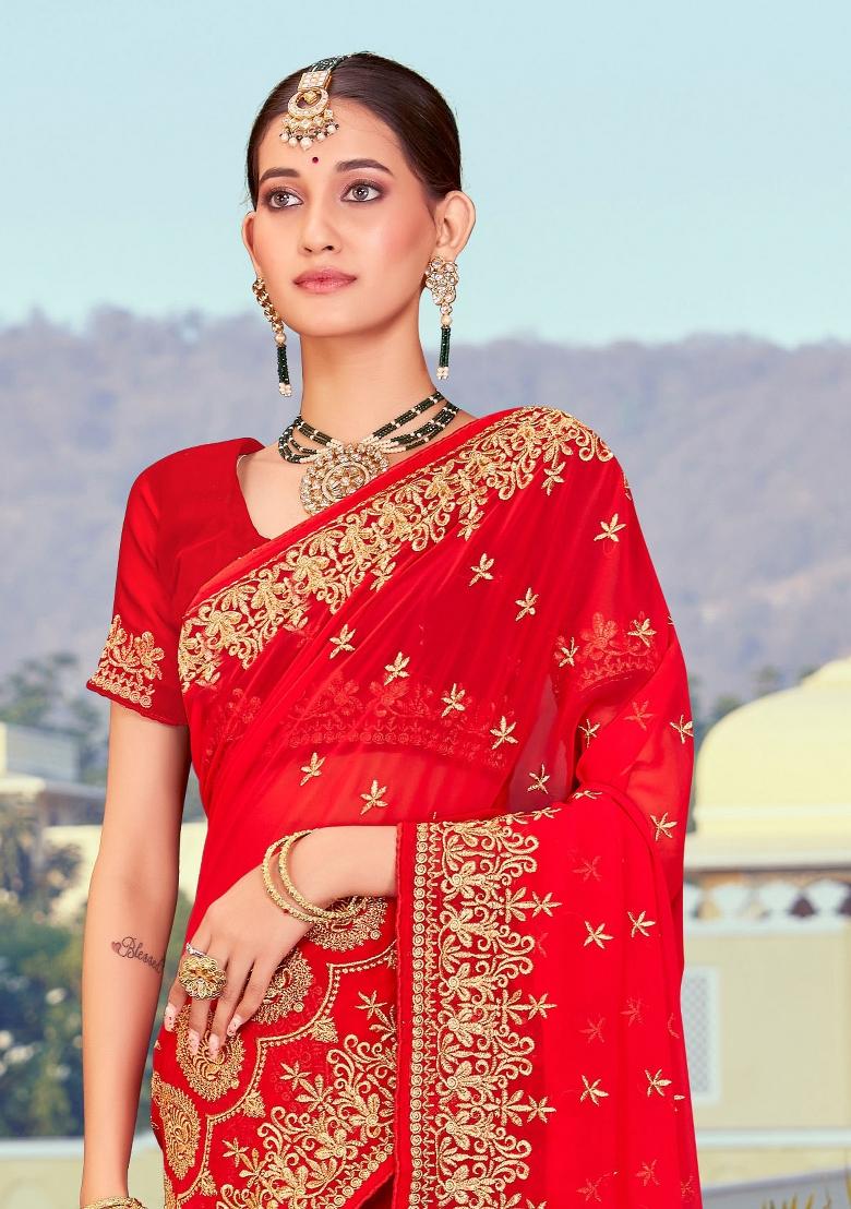 Red Embroidered Georgette Saree Set - Indya