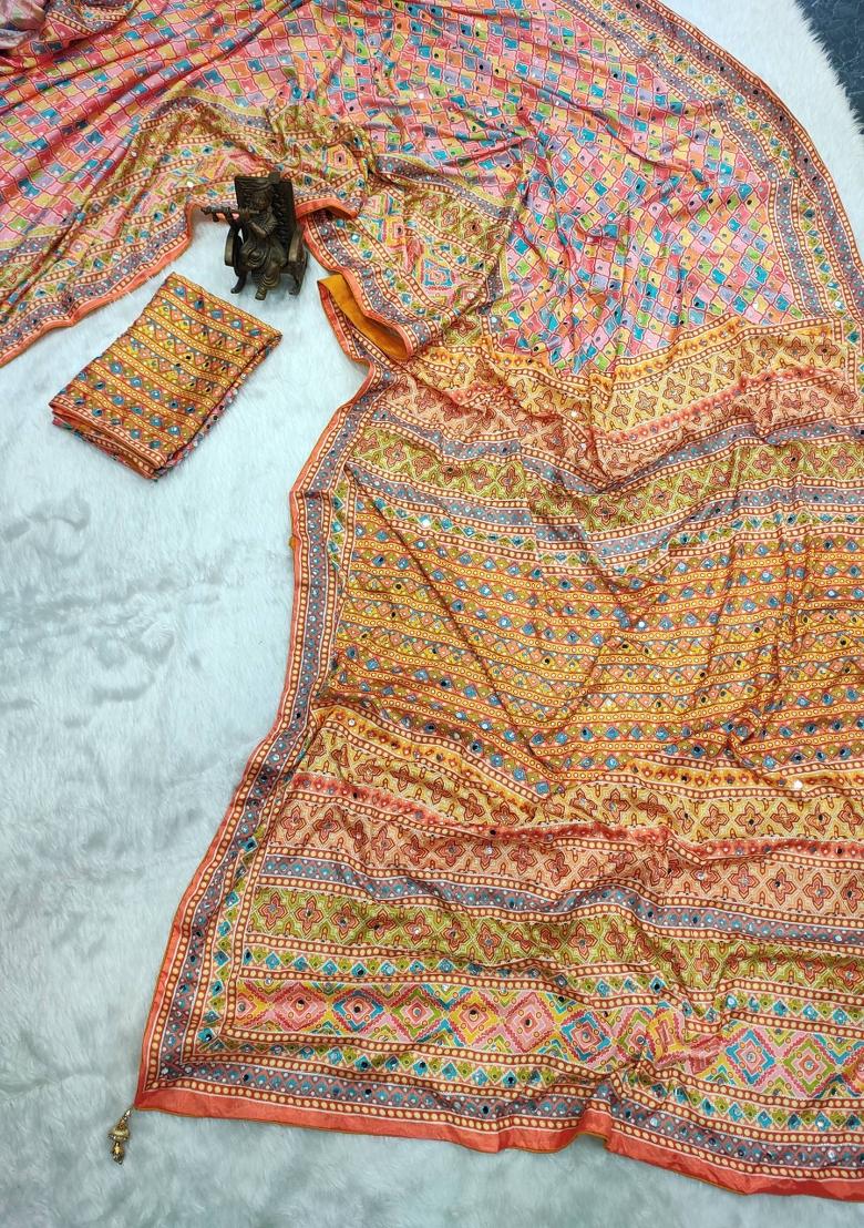 Yellow Zari Work Chinon Saree Set - Indya