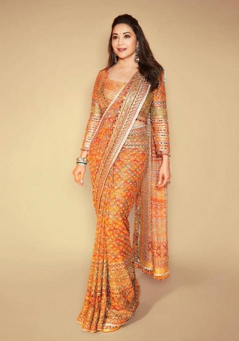 Yellow Zari Work Chinon Saree Set