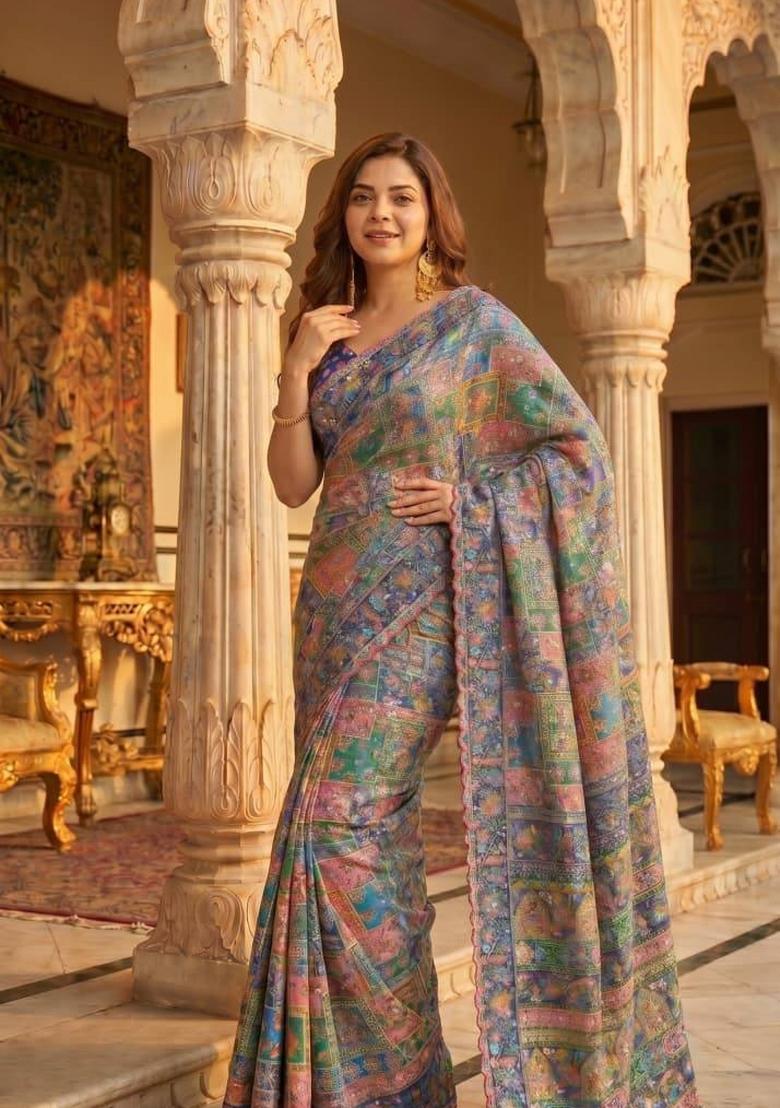 Multicolor Zari Work Chinon Saree Set - Indya