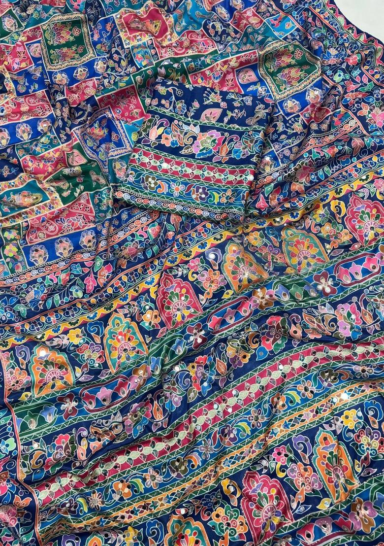 Multicolor Zari Work Chinon Saree Set - Indya