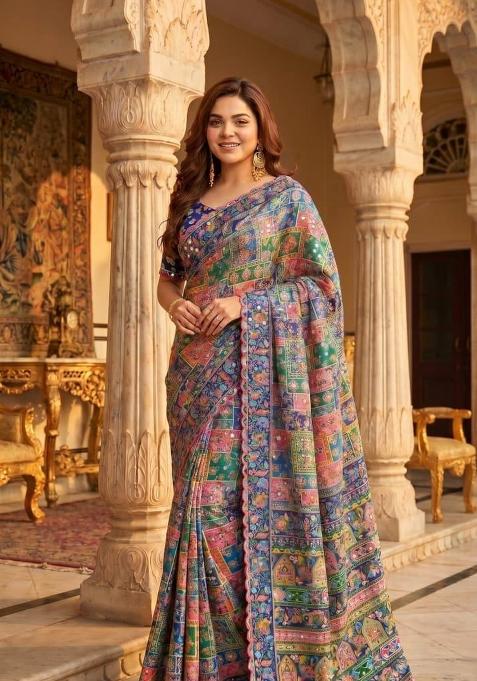 Multicolor Zari Work Chinon Saree Set