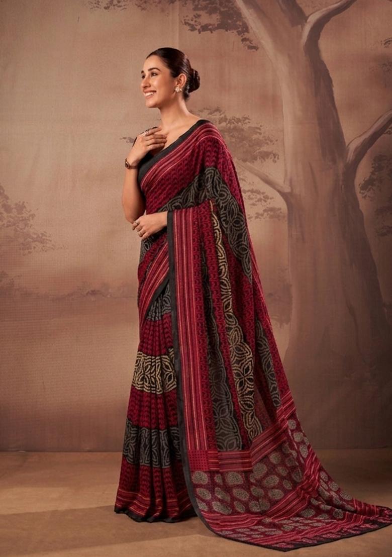 Red Printed Cotton Saree Set - Indya