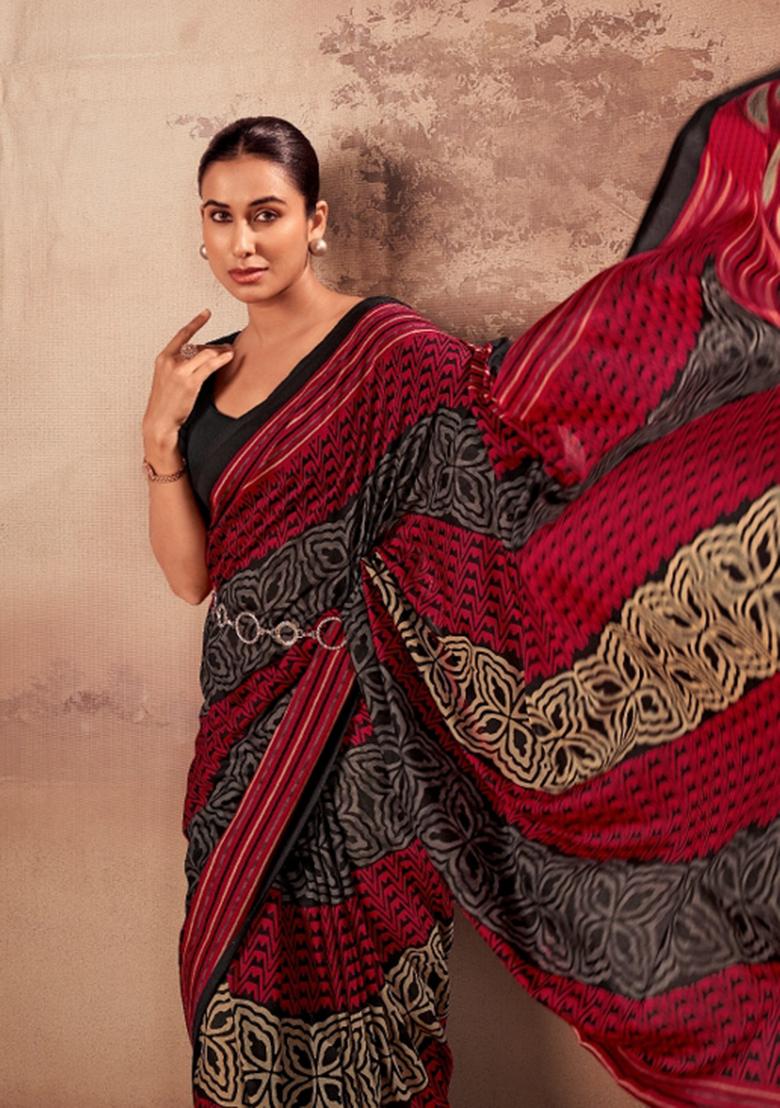 Red Printed Cotton Saree Set - Indya