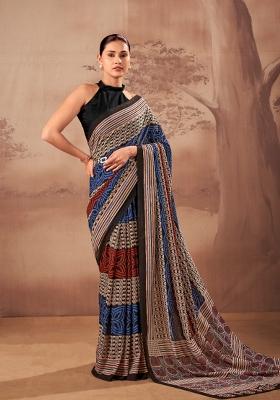 Navy Blue Printed Cotton Saree Set