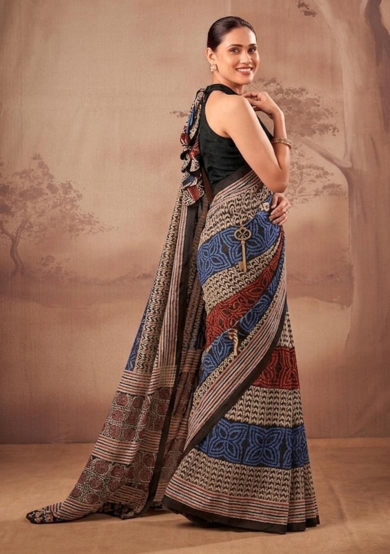 Navy Blue Printed Cotton Saree Set - Indya